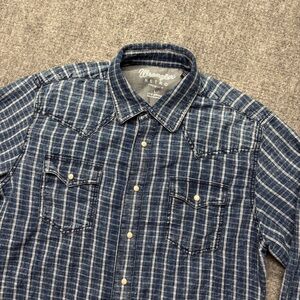 Wrangler Retro Premium Shirt Mens Large Blue Plaid Pearl Snap Western Chambray